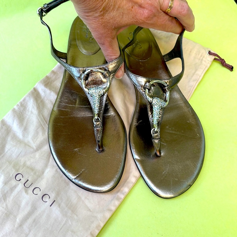 Bronze/silver Gucci all leather sandals with dust bag
